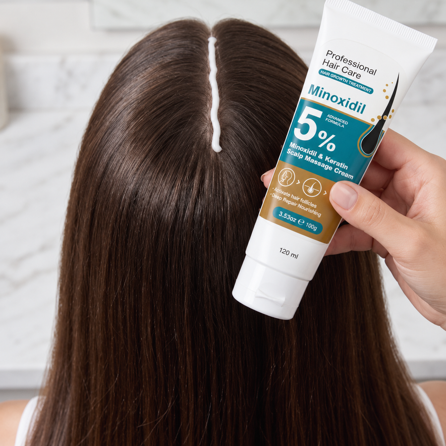 Aplicando la crema sobre la raya del cabello