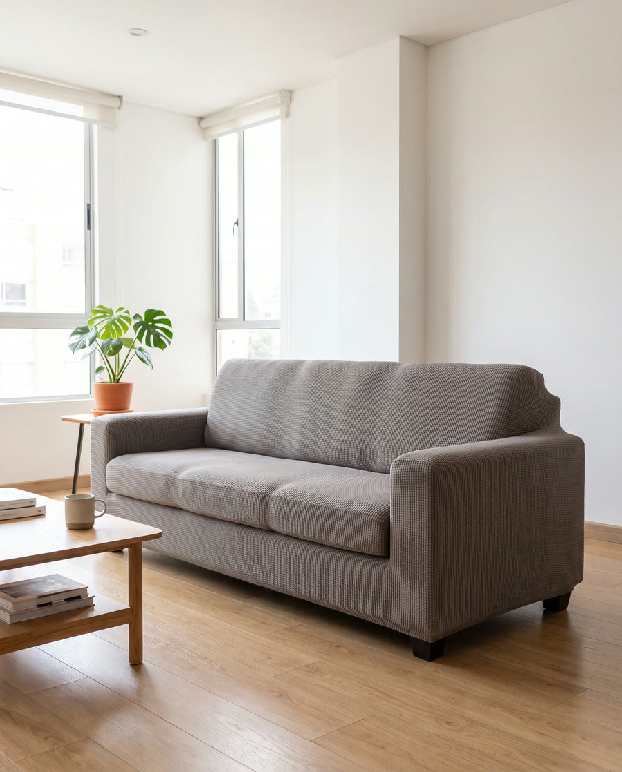 Sofá de tres puestos cubierto con el forro gris en una sala clara