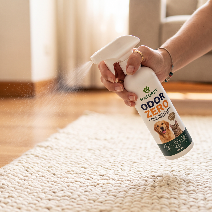 Rociando ODOR ZERO sobre una alfombra clara