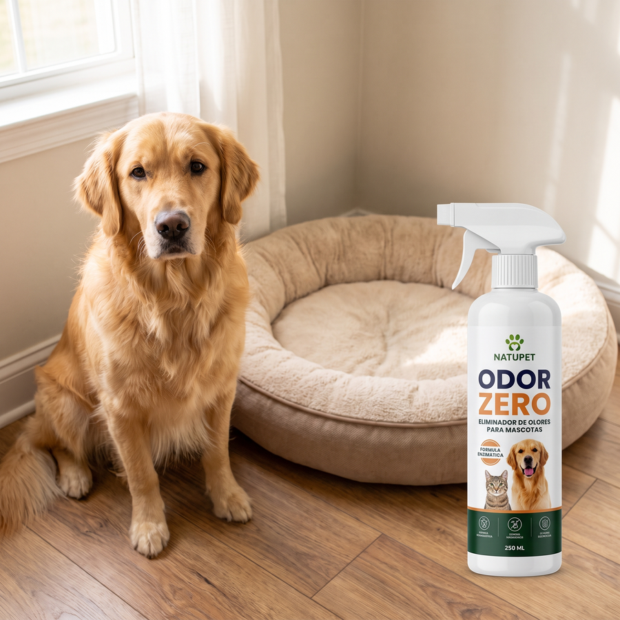 El spray junto a la cama de un perro golden retriever