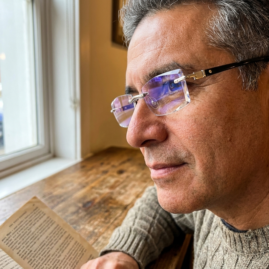 Hombre de unos cincuenta leyendo cómodamente con las gafas de aumento TR90 puestas
