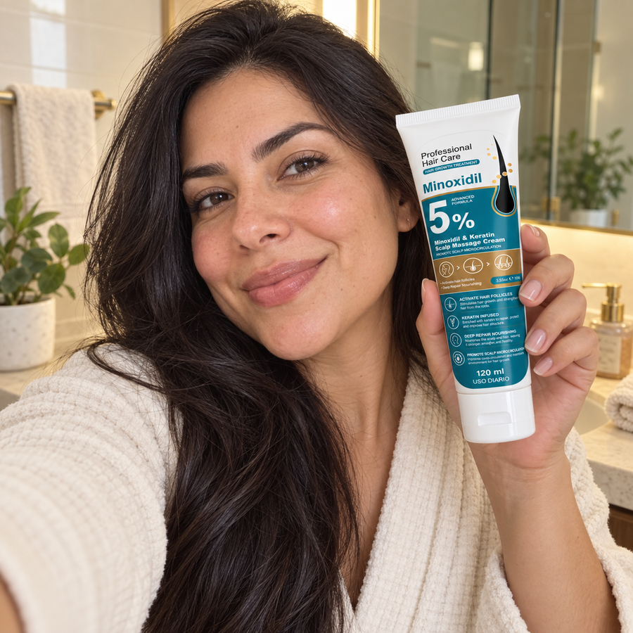 Mujer con cabello abundante y brillante sosteniendo el tubo en su baño