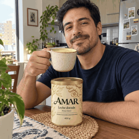 Taza de leche dorada en la mañana