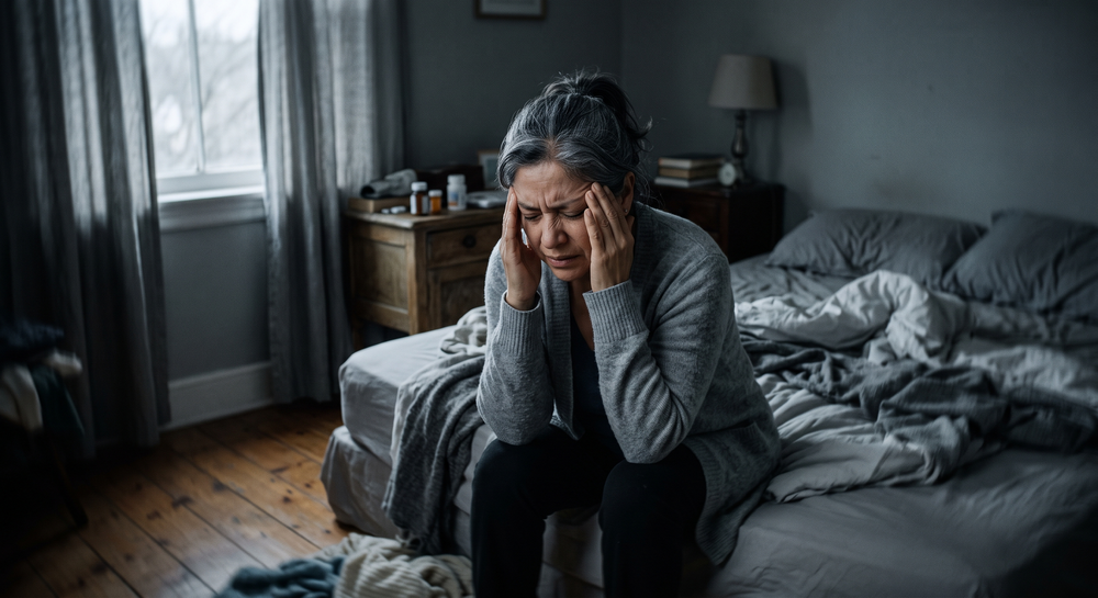 Mujer sentada al borde de la cama, con las manos en la cabeza, en una habitación gris