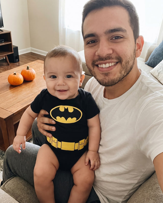 Papá tomándose una selfie con su bebé con el body de murciélago