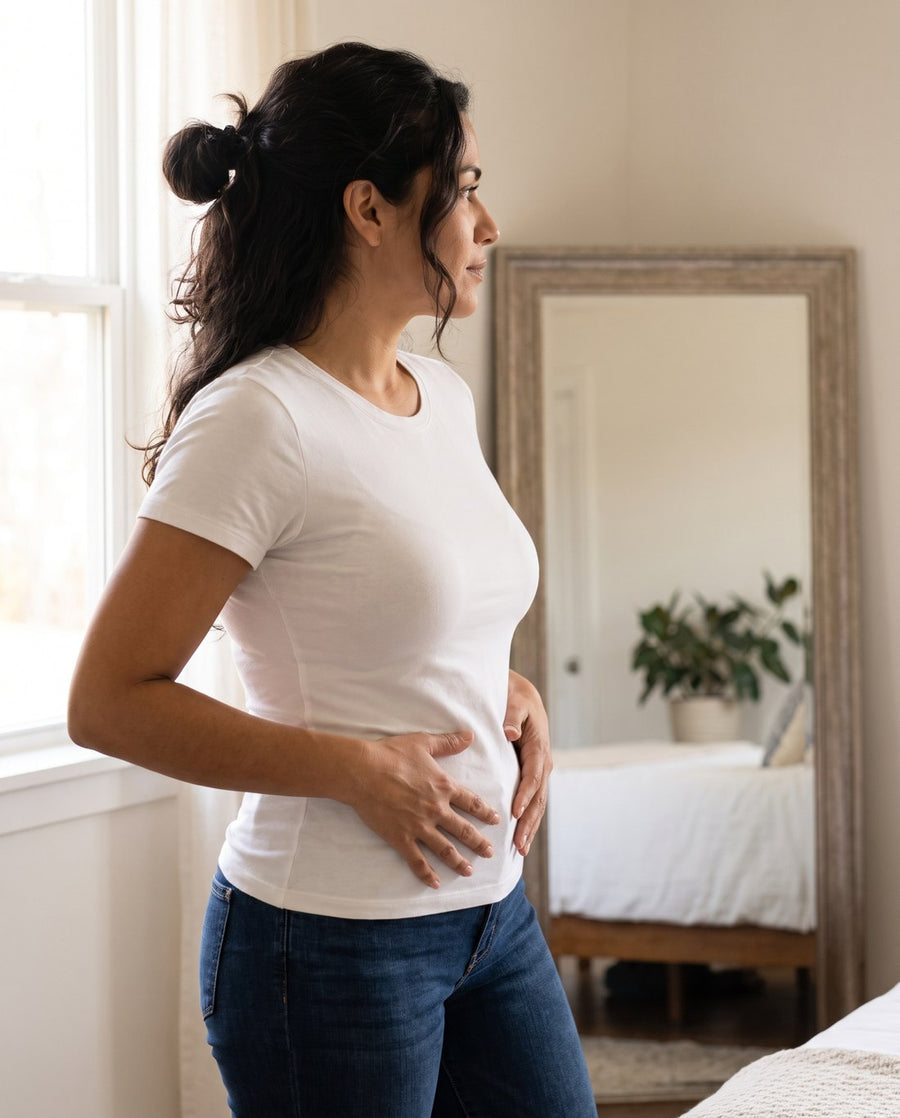 Mujer con camiseta blanca ajustada frente al espejo
