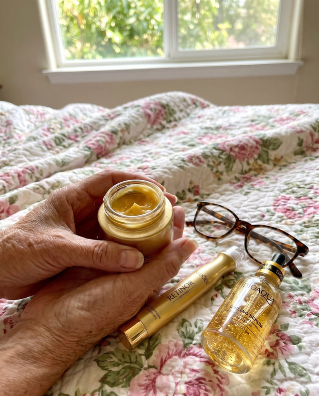 Manos de una señora con el tarro de crema de oro abierto sobre la cama