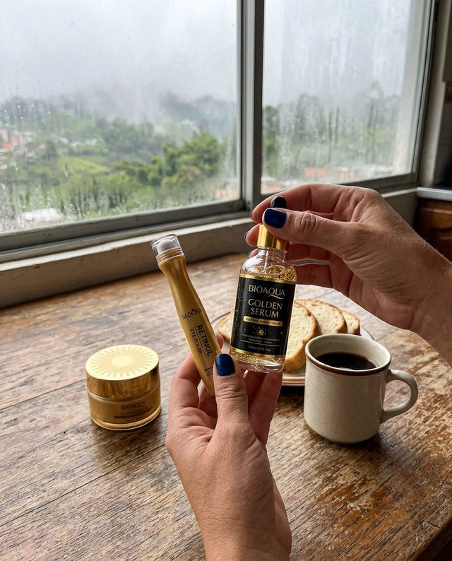 Manos sosteniendo el sérum y el roller sobre la mesa de la cocina