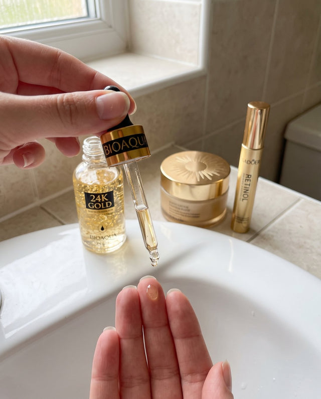 Gota de sérum cayendo sobre los dedos junto al lavamanos
