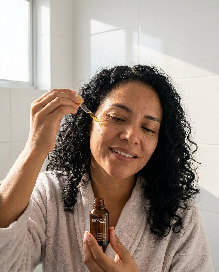 Aplicando el sérum en el rostro