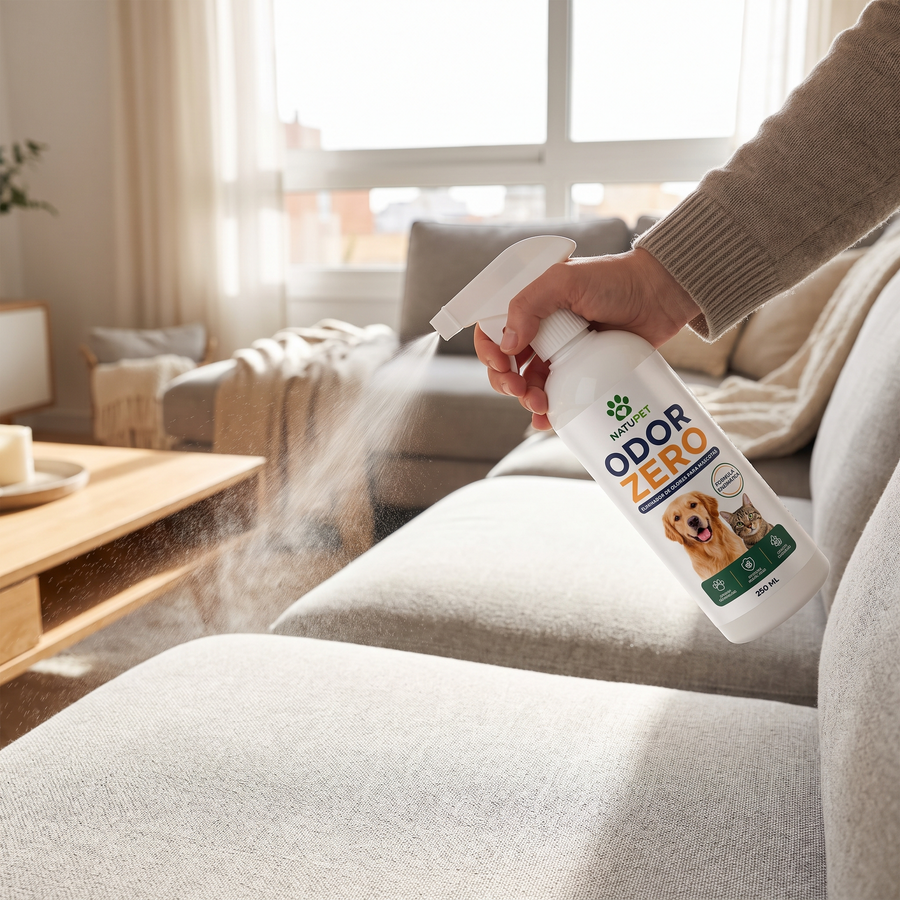 Rociando ODOR ZERO sobre el cojín de un sofá gris