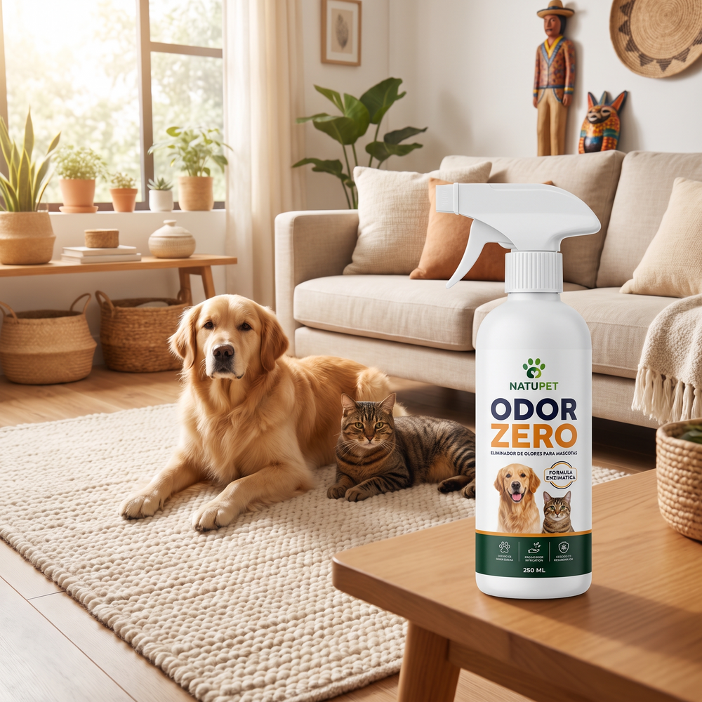 Perro y gato tranquilos en una sala limpia con el spray sobre la mesa