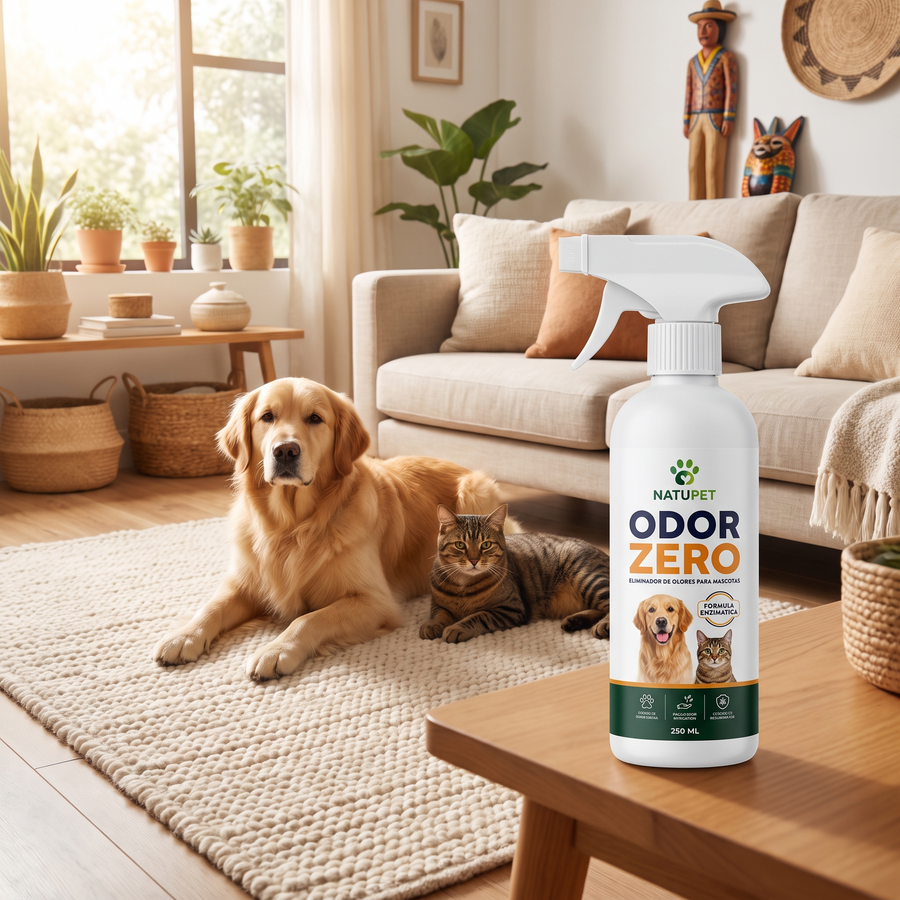 El spray ODOR ZERO en una sala con un perro y un gato descansando en la alfombra