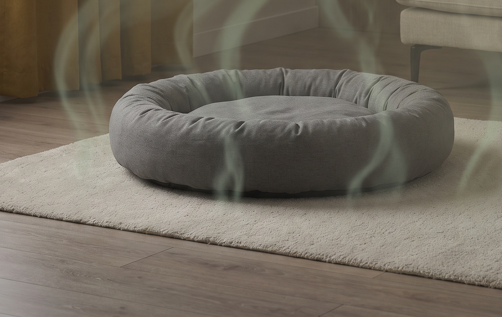 El rincón de la sala con la camita del perro y ondas de mal olor subiendo de la alfombra