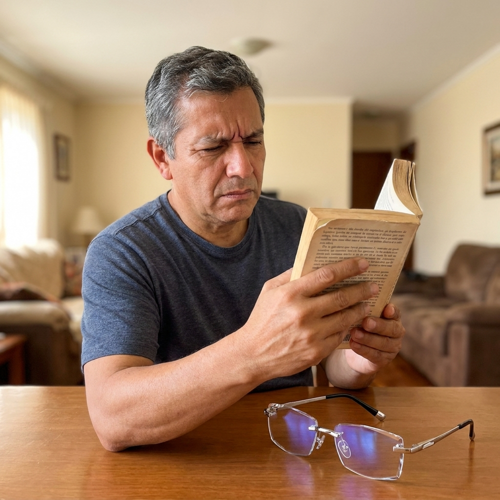 Hombre entrecerrando los ojos y alejando el libro para poder leer, sin gafas