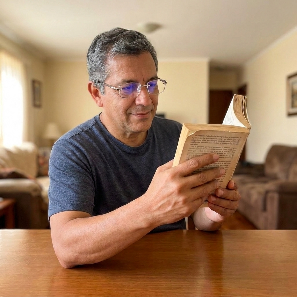 El mismo hombre leyendo relajado con las gafas de aumento puestas