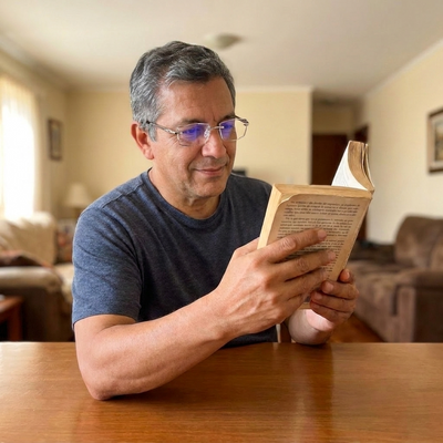 Hombre leyendo cómodo con las gafas puestas