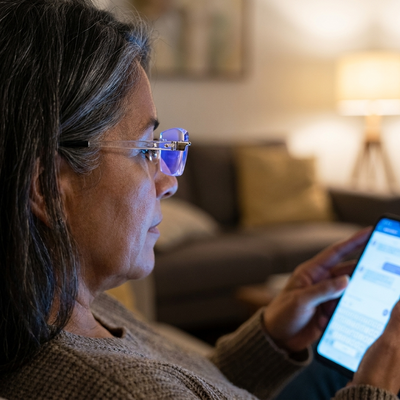 Mujer usando el celular con las gafas