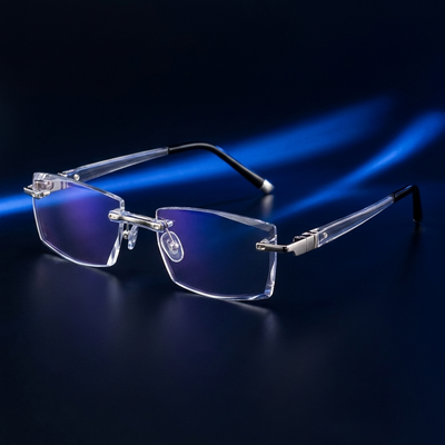 Las gafas sobre fondo azul oscuro