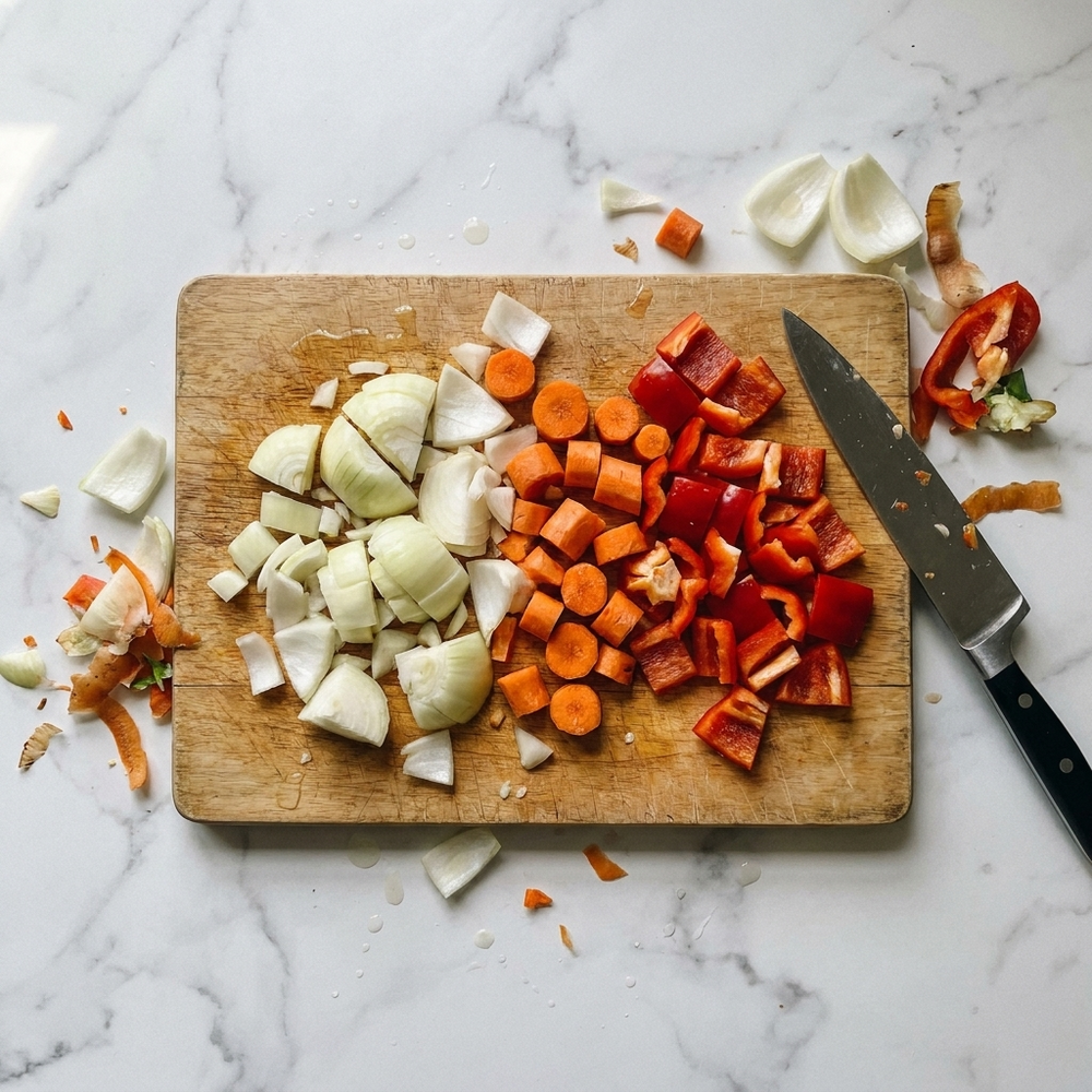 Verduras picadas a mano en trozos disparejos sobre una tabla, con restos alrededor