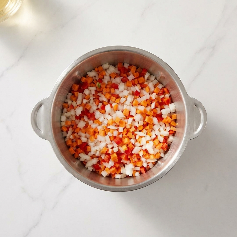 Verduras picadas de forma uniforme dentro del vaso de acero de la picadora
