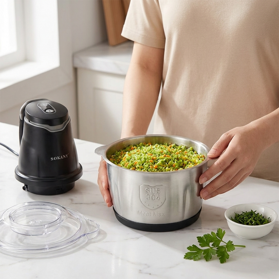 Vaso de acero lleno de verduras picadas de forma uniforme