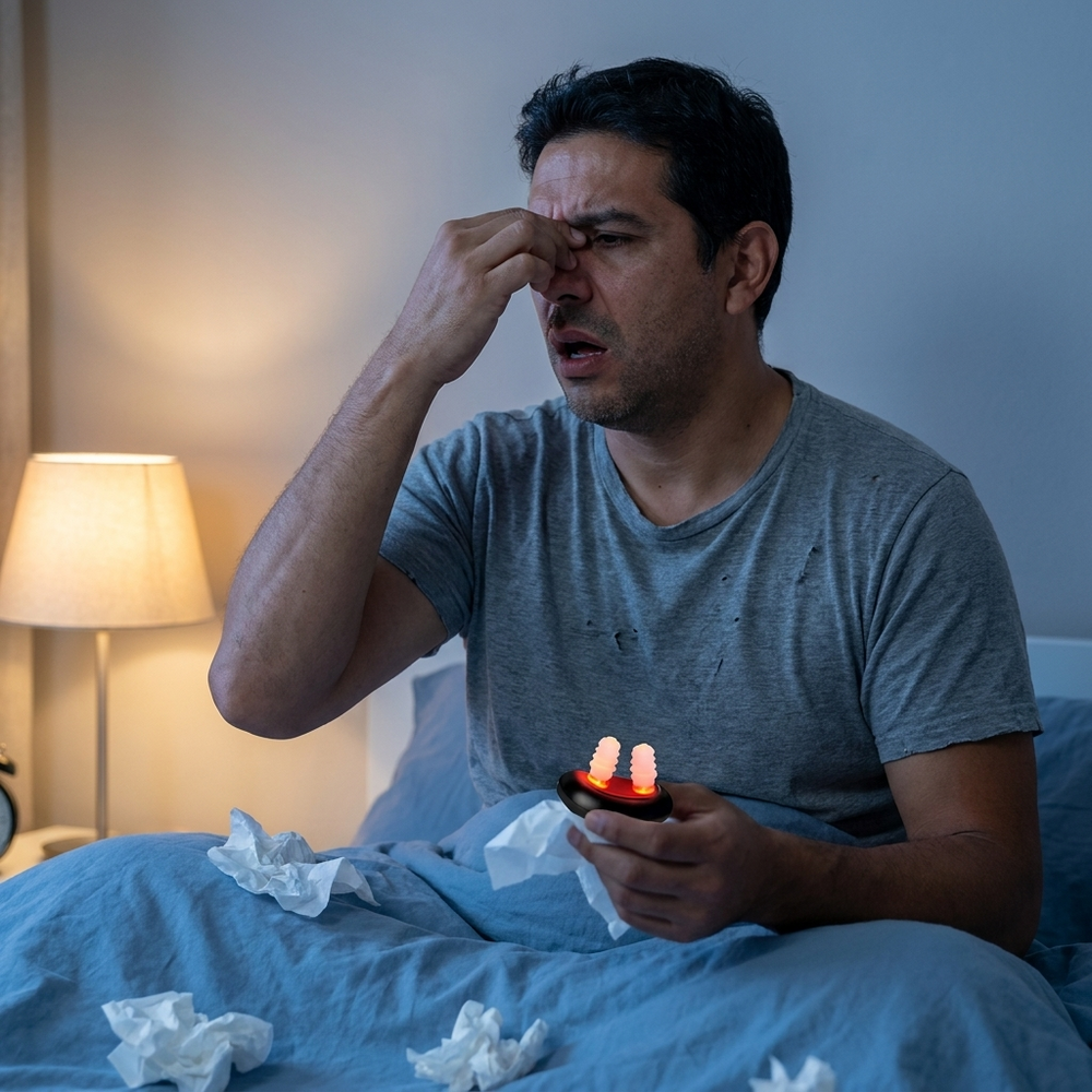 Hombre despierto de noche, congestionado, con pañuelos usados sobre la cama