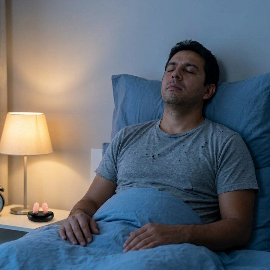 Hombre durmiendo tranquilo con el RespiRelief en la mesa de noche