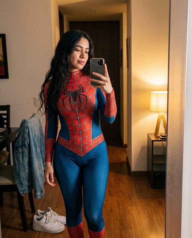 Mujer con el enterizo rojo tomándose una selfie en el espejo del pasillo
