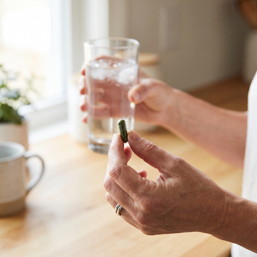 Una cápsula vegetal en la mano junto a un vaso de agua